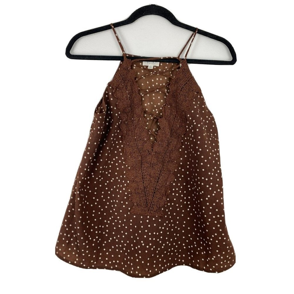 Escape by Blu Pepper Cami Top Brown White Polka Dot Lace Up Women's S